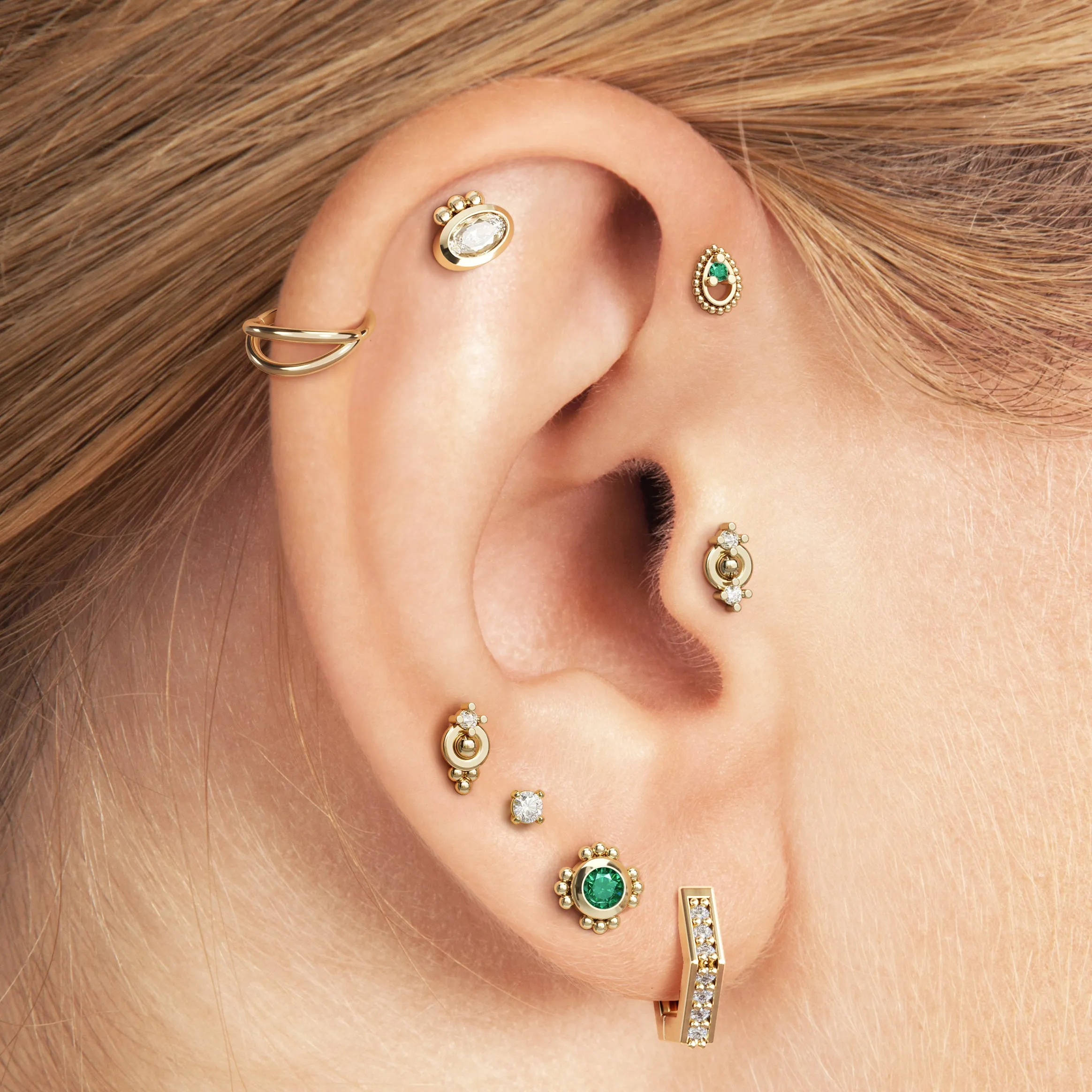 14K Gold Emerald Beaded Stud