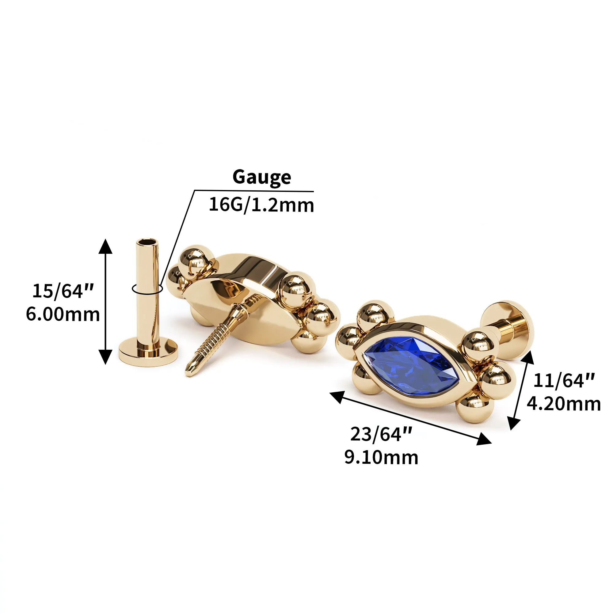 14K Gold Marquise Sapphire Beaded Stud