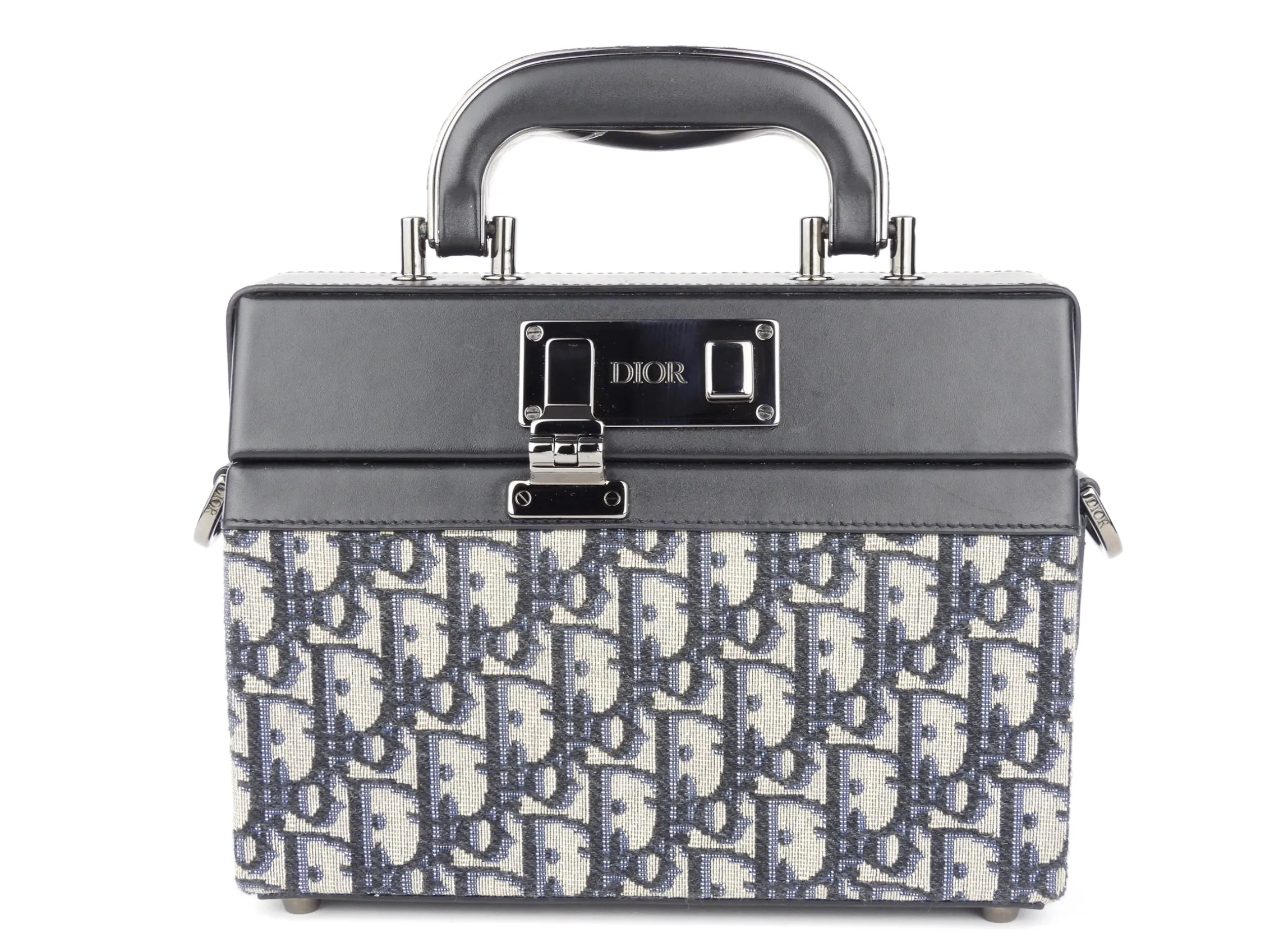 Christian Dior Oblique Monogram and Black Leather Two-Way Hard-Case Lock Handle Bag