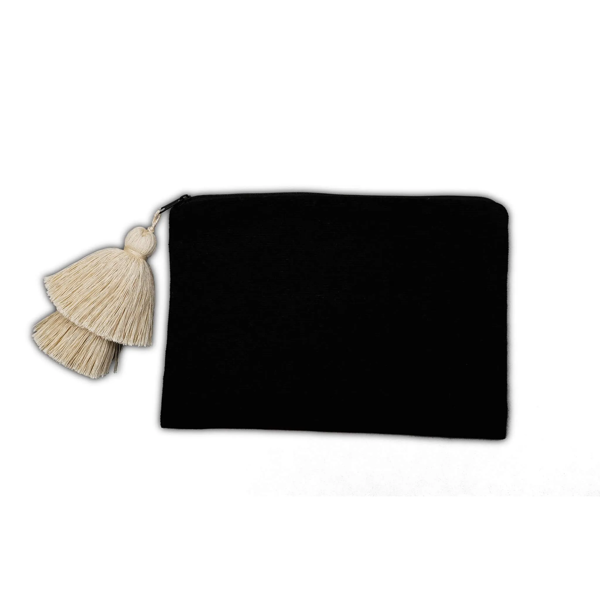 Cotton Pouch in Black with Cream Tassel