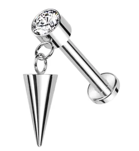 Dangle Cone Clear CZ Internally Threaded Titanium Labret