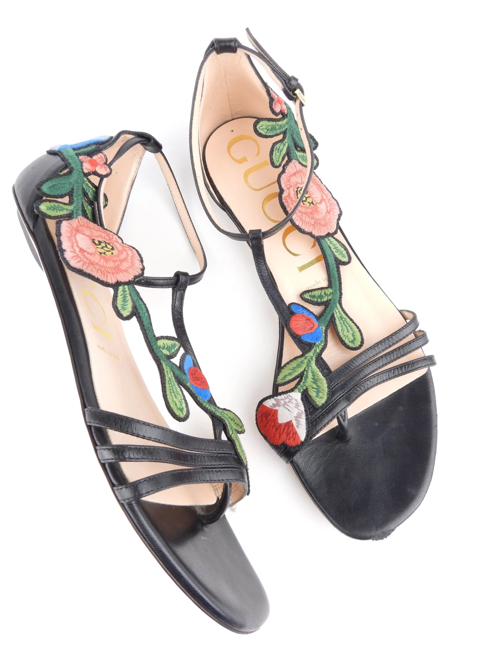 Gucci Black Leather and Floral Embroidered Ophelia Flat Sandals - 39.5