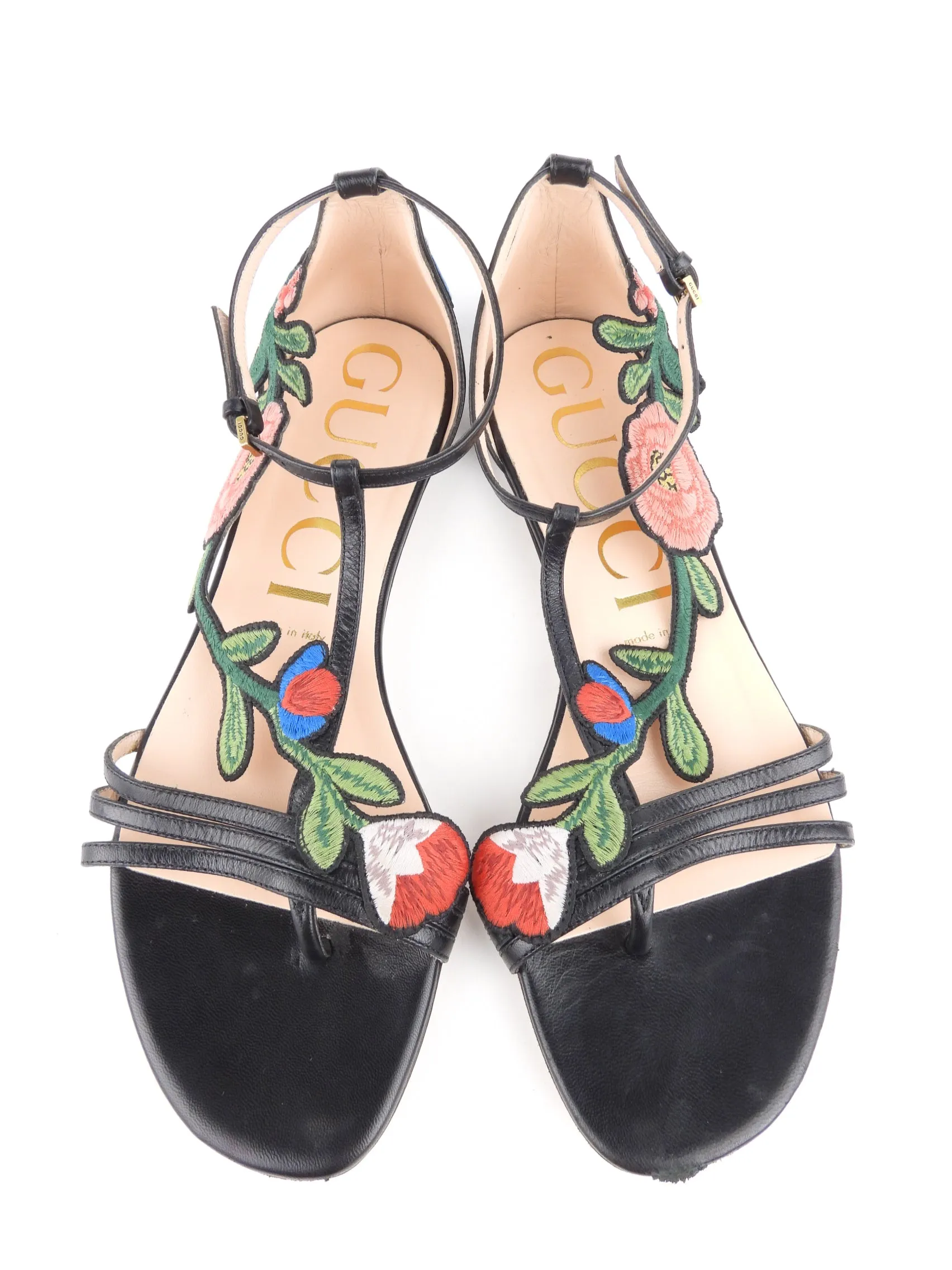 Gucci Black Leather and Floral Embroidered Ophelia Flat Sandals - 39.5