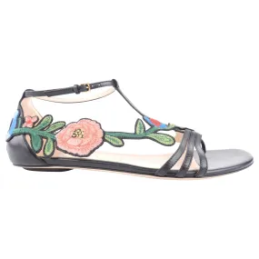 Gucci Black Leather and Floral Embroidered Ophelia Flat Sandals - 39.5