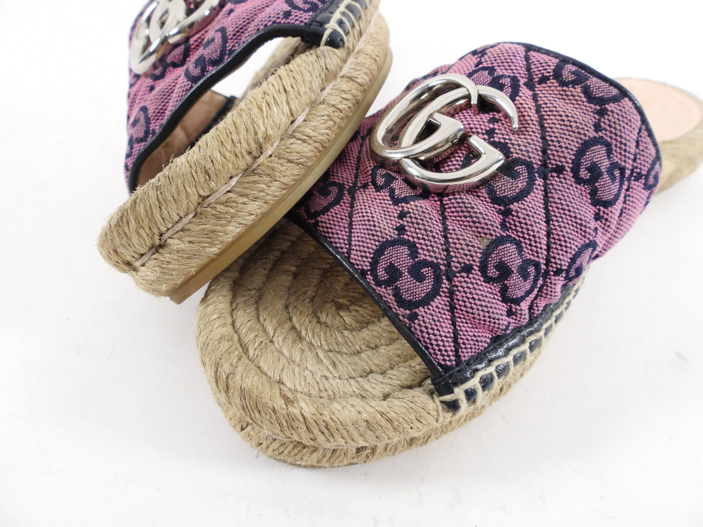 Gucci Pink Monogram Marmont Flat Espadrille Sandals - 37