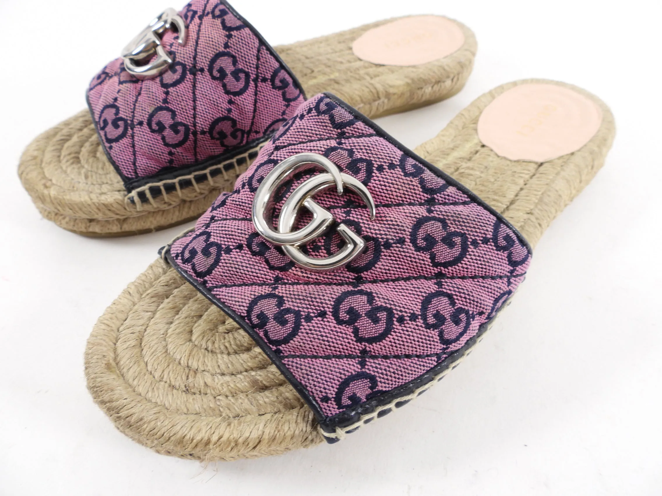 Gucci Pink Monogram Marmont Flat Espadrille Sandals - 37