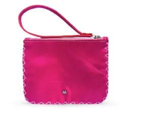 MARTE EGELE PINK VIVIAN FLAT POUCH, Handwoven Cross Stitch Edges Fully lined in Suede