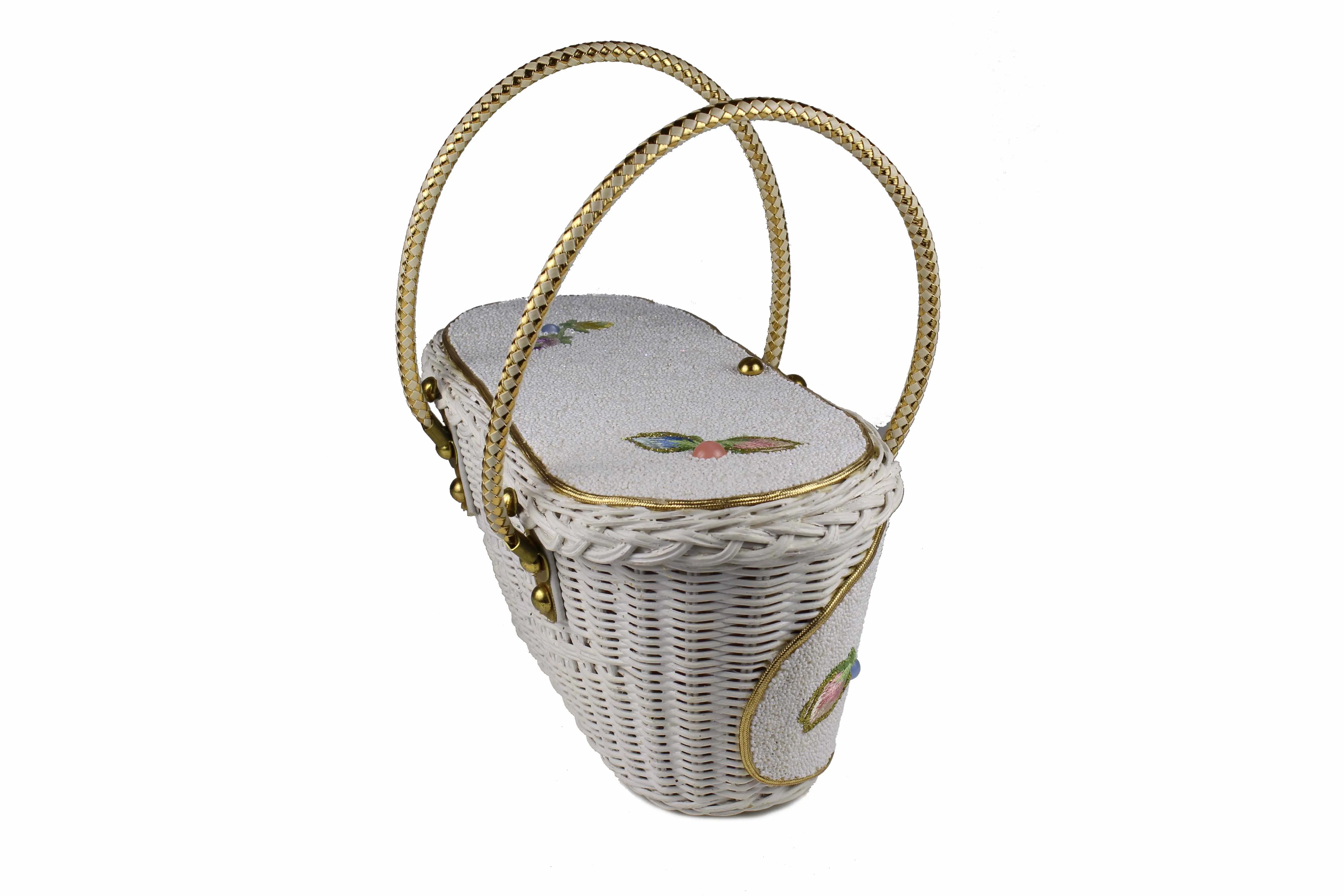 MIDAS OF MIAMI wicker box bag with white beads