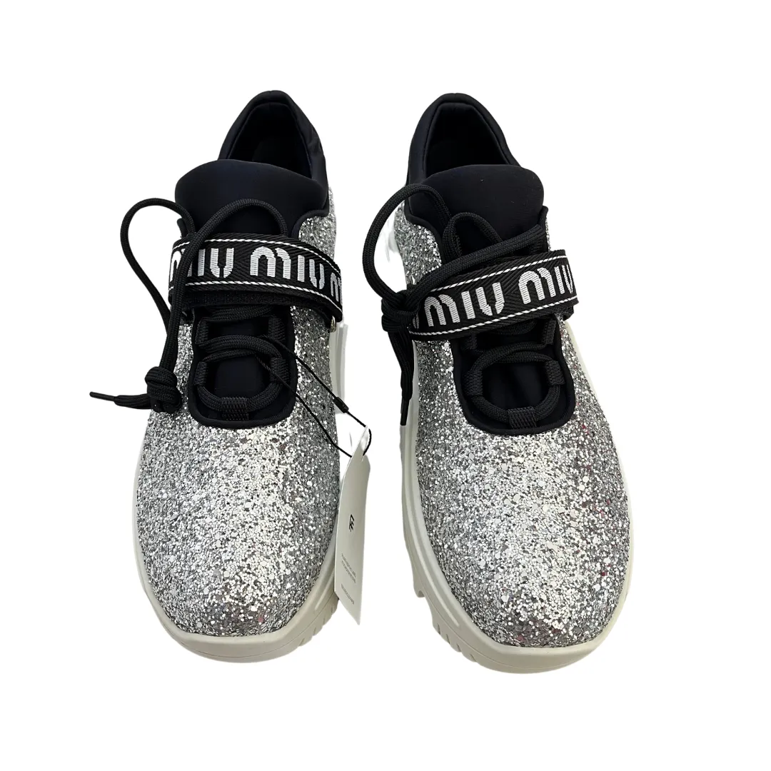 Miu Miu Donna Silver Glitter Logo Platform Sneakers | Brand New |