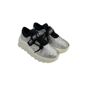 Miu Miu Donna Silver Glitter Logo Platform Sneakers | Brand New |