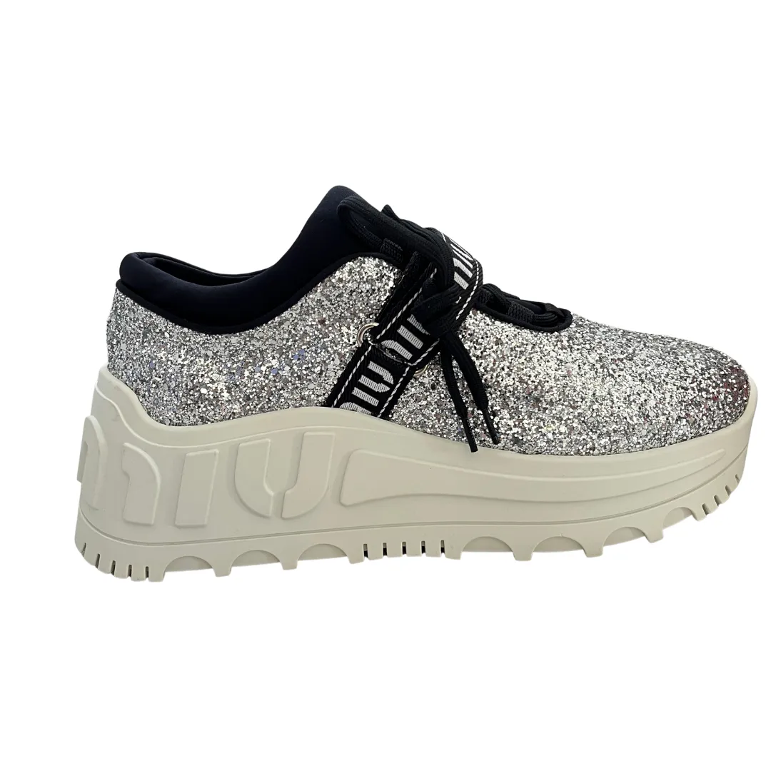 Miu Miu Donna Silver Glitter Logo Platform Sneakers | Brand New |