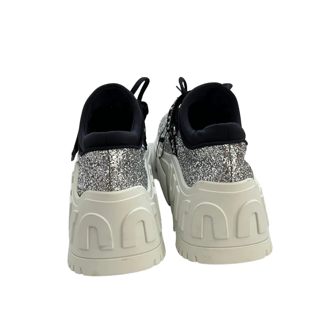 Miu Miu Donna Silver Glitter Logo Platform Sneakers | Brand New |