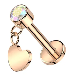 Rose Gold PVD Heart Dangle Rainbow Aurora CZ Titanium Threadless Labret