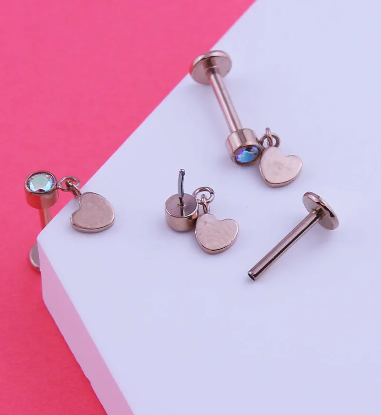 Rose Gold PVD Heart Dangle Rainbow Aurora CZ Titanium Threadless Labret