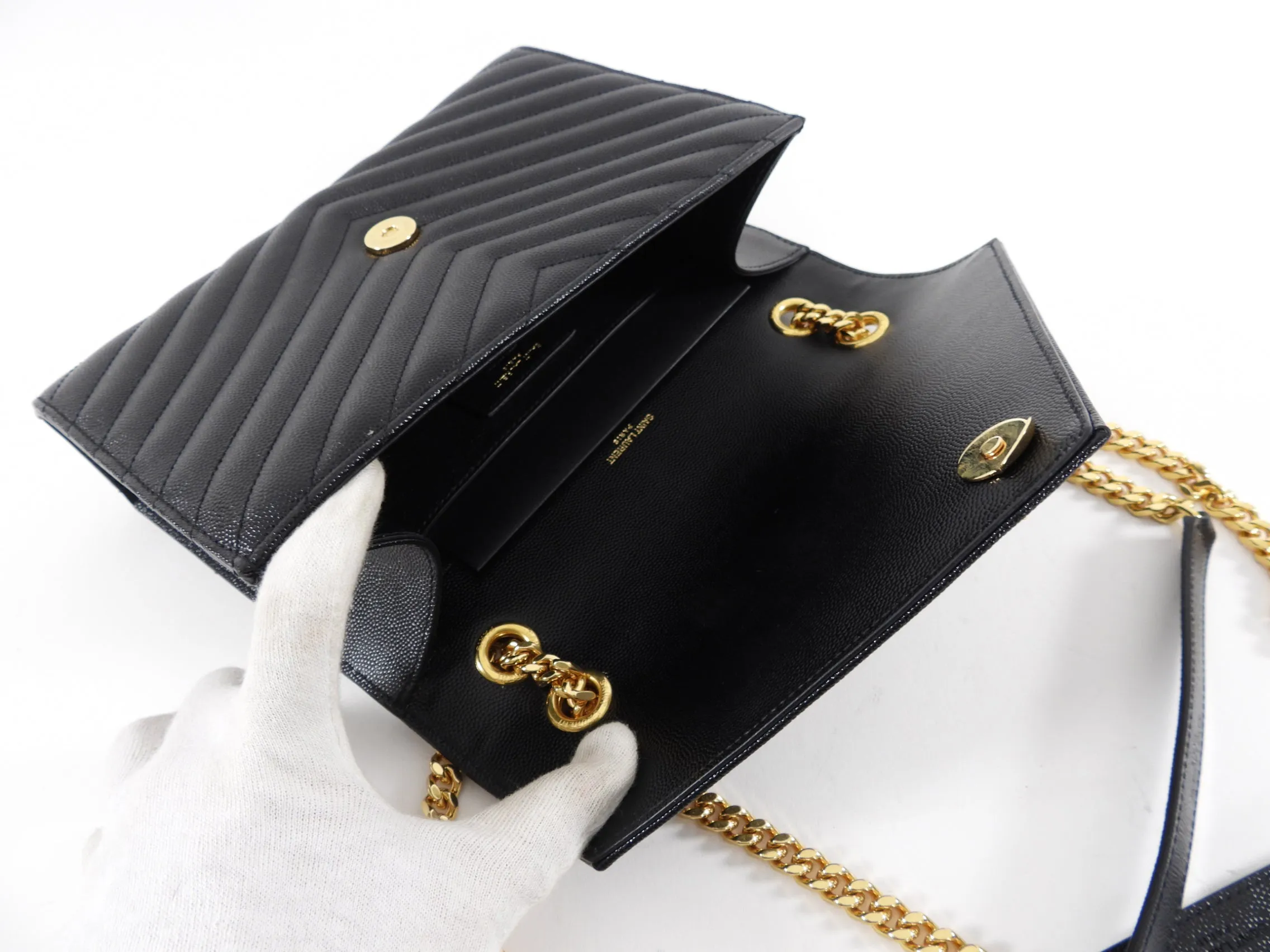 Saint Laurent Black Chevron Medium Envelope Chain Bag