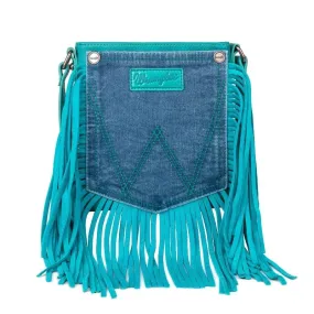 Wrangler Crossbody Bag Jean Pocket Leather Fringe Turquoise